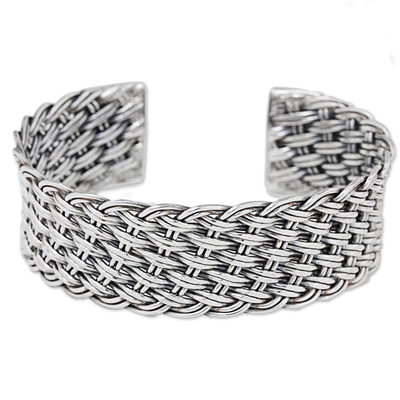 Sterling silver cuff bracelet, 'Hill Tribe Basketweave' - Thai Handcrafted Woven Sterling Silver Cuff Bracelet