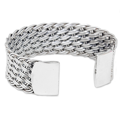 Sterling silver cuff bracelet, 'Hill Tribe Basketweave' - Thai Handcrafted Woven Sterling Silver Cuff Bracelet