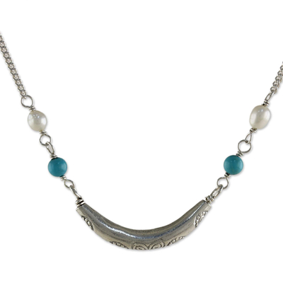 Cultured pearl pendant necklace, 'Charming Crescent' - Cultured Pearl and 950 Silver Crescent Thai Necklace