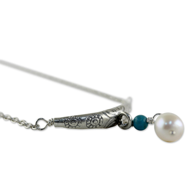 Cultured pearl pendant necklace, 'Moon and Starlight' - Cultured Pearl and Calcite Pendant Necklace from Thailand
