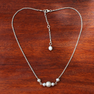 Cultured pearl pendant necklace, 'Glowing Moons' - Cultured Pearl and Sterling Silver Necklace from Thailand