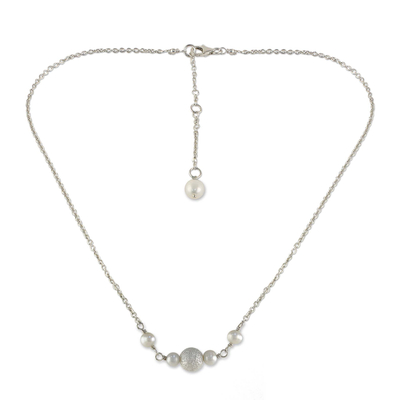 Cultured pearl pendant necklace, 'Glowing Moons' - Cultured Pearl and Sterling Silver Necklace from Thailand