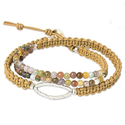 Jasper beaded wrap bracelet, 'Nature's Spirit' - Jasper Wrap Bracelet Braided Leather Cord from Thailand