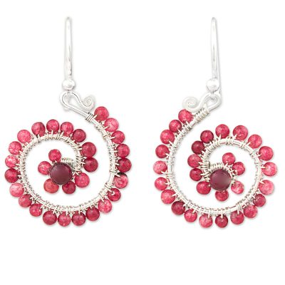 Quartz dangle earrings, 'Floral Spirals in Pink' - Pink Quartz Sterling Silver Dangle Earrings from Thailand