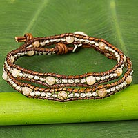 Jasper and leather wrap bracelet, 'Hill Tribe Sunflower'