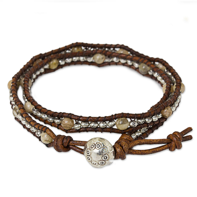 Jasper and leather wrap bracelet, 'Hill Tribe Sunflower' - Thai Leather Jasper and Karen Silver Beaded Wrap Bracelet