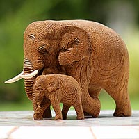 Teak wood statuette, Baby and Mom Elephant