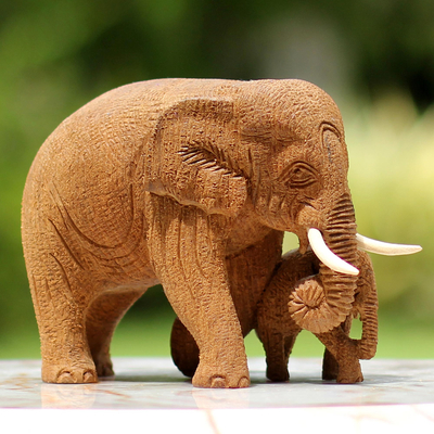 Teak wood statuette, 'Baby and Mom Elephant' - Hand Made Teak Wood Elephant Statuette from Thailand