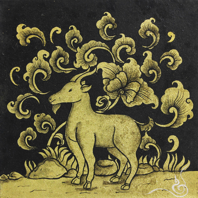 Black and Gold Mixed Media Signed Zodiac Goat Painting