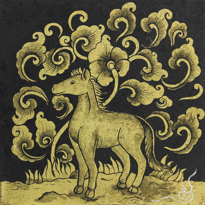 Thai Mixed Media Gold and Black Zodiac Horse Painting