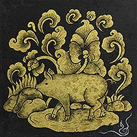 'Zodiac Pig' - Black and Gold Mixed Media Zodiac Pig Painting from Thailand