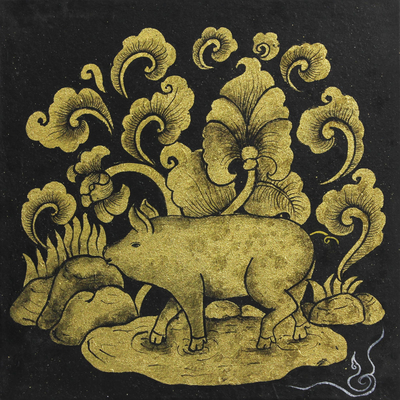 'Zodiac Pig' - Black and Gold Mixed Media Zodiac Pig Painting from Thailand