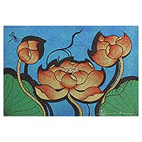 'Lotus and Dragonfly' - Signed Thai Dragonfly and Lotus Painting with Golden Accents