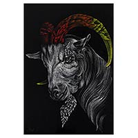 'The Goat' (2016) - Thai Mixed Media Painting of Horned Goat