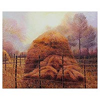 'Straw Stacks in Pai' (2012) - Signed Stretched Thai Impressionist Painting of Hay Field