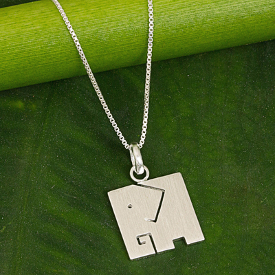 Sterling silver pendant necklace, 'Block Elephant' - Brushed Finish Sterling Silver Elephant Pendant Necklace