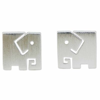 Sterling silver stud earrings, 'Block Elephant' - Brushed Finish Sterling Silver Elephant Stud Earrings