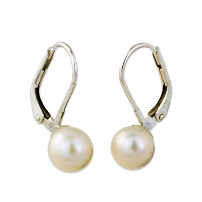 Cultured pearl drop earrings, 'Pure Lily' - Cultured Pearl Drop Earrings High Polish from Thailand
