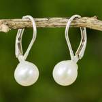Cultured pearl drop earrings, 'Pure Lily' - Cultured Pearl Drop Earrings High Polish from Thailand