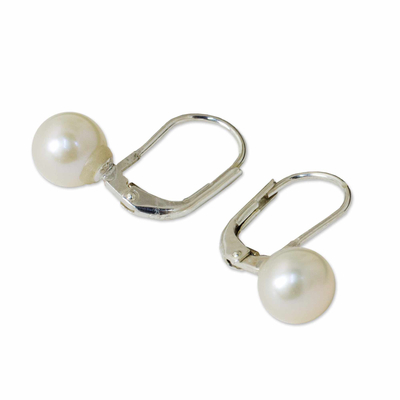 Cultured pearl drop earrings, 'Pure Lily' - Cultured Pearl Drop Earrings High Polish from Thailand