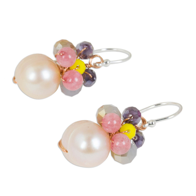 Cultured pearl dangle earrings, 'Butterfly Party in Pink' - Pink Cultured Pearl Dangle Earrings with Butterfly Motif