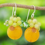 Quartz dangle earrings, 'Moonlight Garden in Orange' - Orange Quartz and Glass Bead Dangle Earrings with Copper