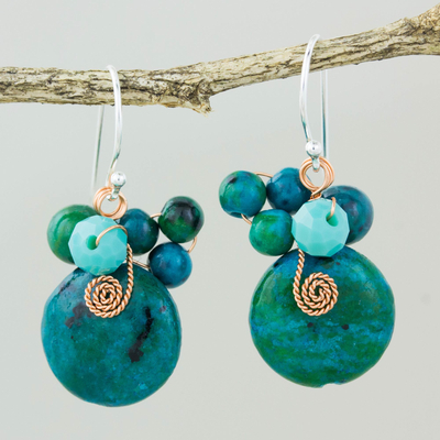 Serpentine dangle earrings, 'Moonlight Garden in Teal' - Teal Serpentine and Glass Bead Dangle Earrings with Copper