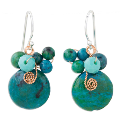 Serpentine dangle earrings, 'Moonlight Garden in Teal' - Teal Serpentine and Glass Bead Dangle Earrings with Copper