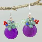 Quartz dangle earrings, 'Moonlight Garden in Purple' - Purple Quartz and Glass Bead Dangle Earrings with Copper