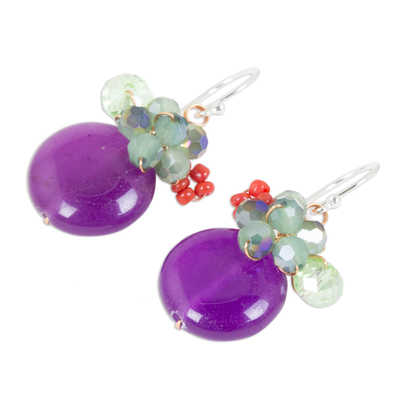 Quartz dangle earrings, 'Moonlight Garden in Purple' - Purple Quartz and Glass Bead Dangle Earrings with Copper