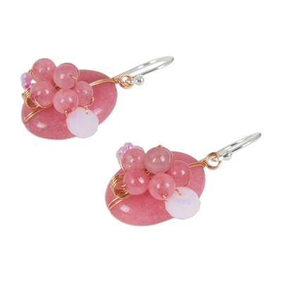Quartz dangle earrings, 'Garden Bliss in Pink' - Pink Quartz and Glass Bead Dangle Earrings with Copper