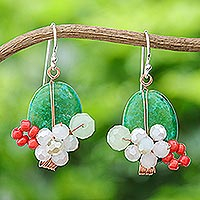 Quartz dangle earrings, 'Garden Bliss in Teal' - Serpentine Quartz and Glass Bead Dangle Earrings with Copper