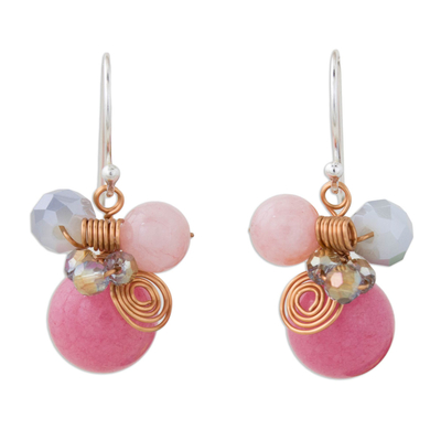 Quartz dangle earrings, 'Pink Bubbles' - Pink Quartz and Glass Bead Dangle Earrings with Copper