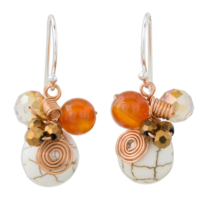 Calcite Carnelian and Glass Bead Dangle Earrings with Copper