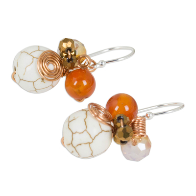Carnelian dangle earrings, 'White Bubbles' - Calcite Carnelian and Glass Bead Dangle Earrings with Copper