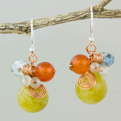 Quartz dangle earrings, 'Citron Bubbles' - Green Quartz and Carnelian Dangle Earrings with Copper