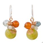 Quartz dangle earrings, 'Citron Bubbles' - Green Quartz and Carnelian Dangle Earrings with Copper