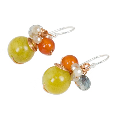 Quartz dangle earrings, 'Citron Bubbles' - Green Quartz and Carnelian Dangle Earrings with Copper