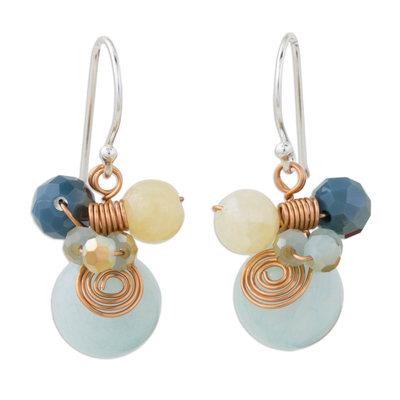 Quartz dangle earrings, 'Blue Bubbles' - Light Blue Quartz and Glass Bead Dangle Earrings with Copper