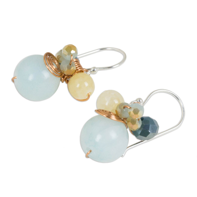 Quartz dangle earrings, 'Blue Bubbles' - Light Blue Quartz and Glass Bead Dangle Earrings with Copper