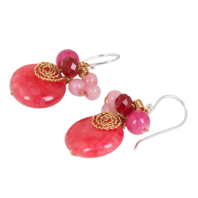 Quartz dangle earrings, 'Moonlight Garden in Cerise' - Cerise Quartz and Glass Bead Dangle Earrings with Copper
