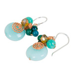 Quartz and serpentine dangle earrings, 'Moonlight Garden in Aqua' - Serpentine Quartz and Glass Bead Dangle Earrings with Copper