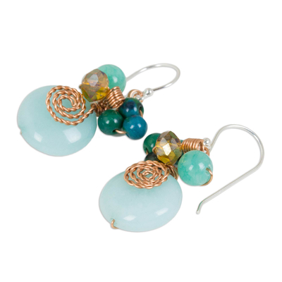 Quartz and serpentine dangle earrings, 'Moonlight Garden in Aqua' - Serpentine Quartz and Glass Bead Dangle Earrings with Copper