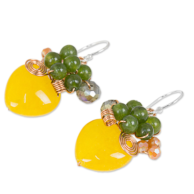 Quartz dangle earrings, 'Love Garden in Yellow' - Heart Shaped Yellow Quartz and Glass Bead Dangle Earrings