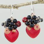 Quartz dangle earrings, 'Love Garden in Red' - Heart Shaped Red Quartz Onyx and Glass Bead Dangle Earrings