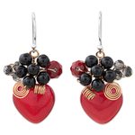 Quartz dangle earrings, 'Love Garden in Red' - Heart Shaped Red Quartz Onyx and Glass Bead Dangle Earrings
