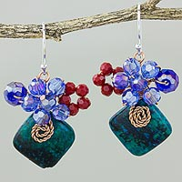Serpentine dangle earrings, 'Natural Beauty in Teal' - Square Serpentine and Glass Bead Dangle Earrings with Copper