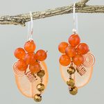 Quartz dangle earrings, 'Garden Bliss in Orange' - Orange Quartz and Glass Bead Dangle Earrings with Copper