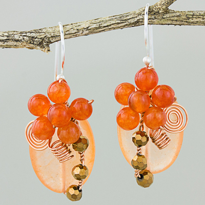 Pendientes colgantes de cuarzo - Pendientes colgantes de cuarzo naranja y cuentas de vidrio con cobre