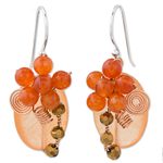 Quartz dangle earrings, 'Garden Bliss in Orange' - Orange Quartz and Glass Bead Dangle Earrings with Copper